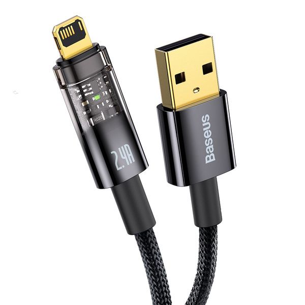 CABLU alimentare si date Baseus Explorer, Fast Charging Data Cable pt. smartphone, USB la Lightning Iphone 2.4A, 1m, Auto Power-Off, negru transparent 