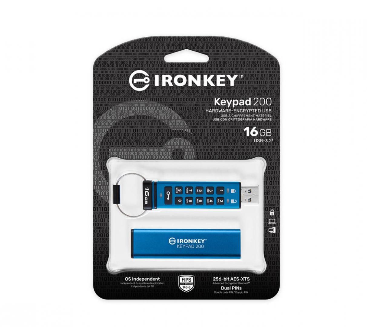 USB Flash Drive Kingston 16GB IronKey Keypad 200, USB 3.2 Gen1, FIPS 140-3 Lvl 3 (Pending) AES-256 Encrypted