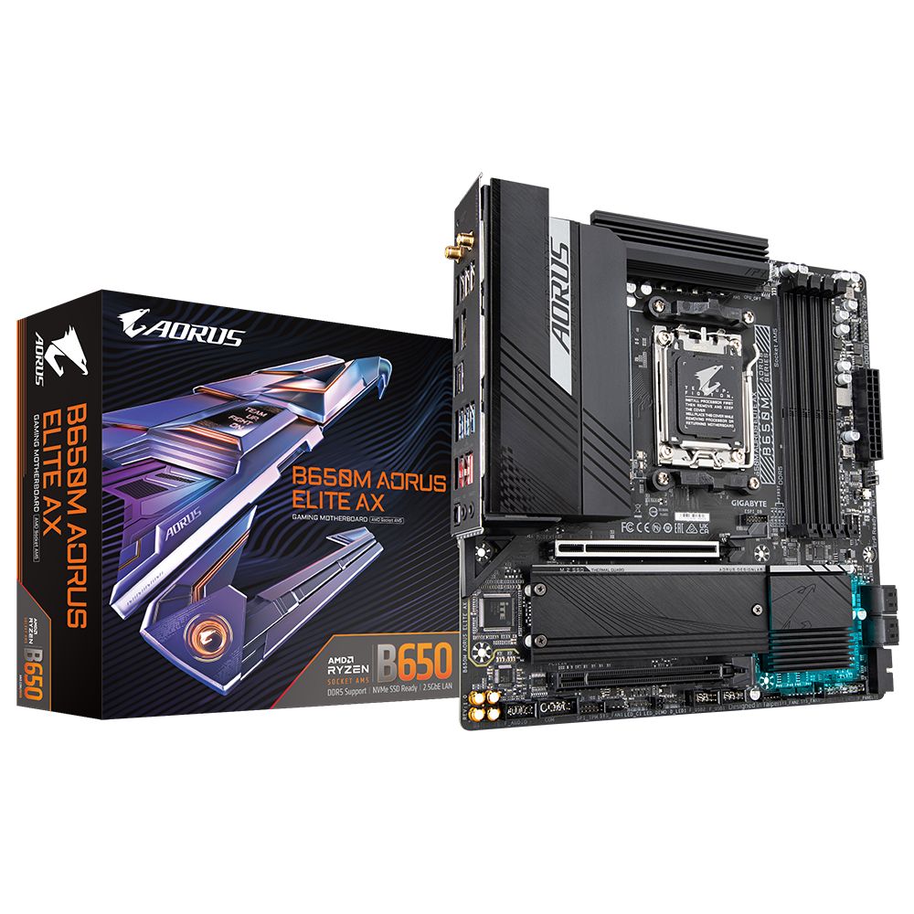 Placa de baza Gigabyte B650M AORUS ELITE AX AM5, B650 Chipset, Supports 7000 series AMD Ryzen, 4x DIMM Slots, DDR5 6600MHz, PCIe Gen 4, 4x SATA 6Gb/s connectors, 2xM.2 Slot, 2.5GB LAN, USB Type-C, WIFI 6E, Micro-ATX_2