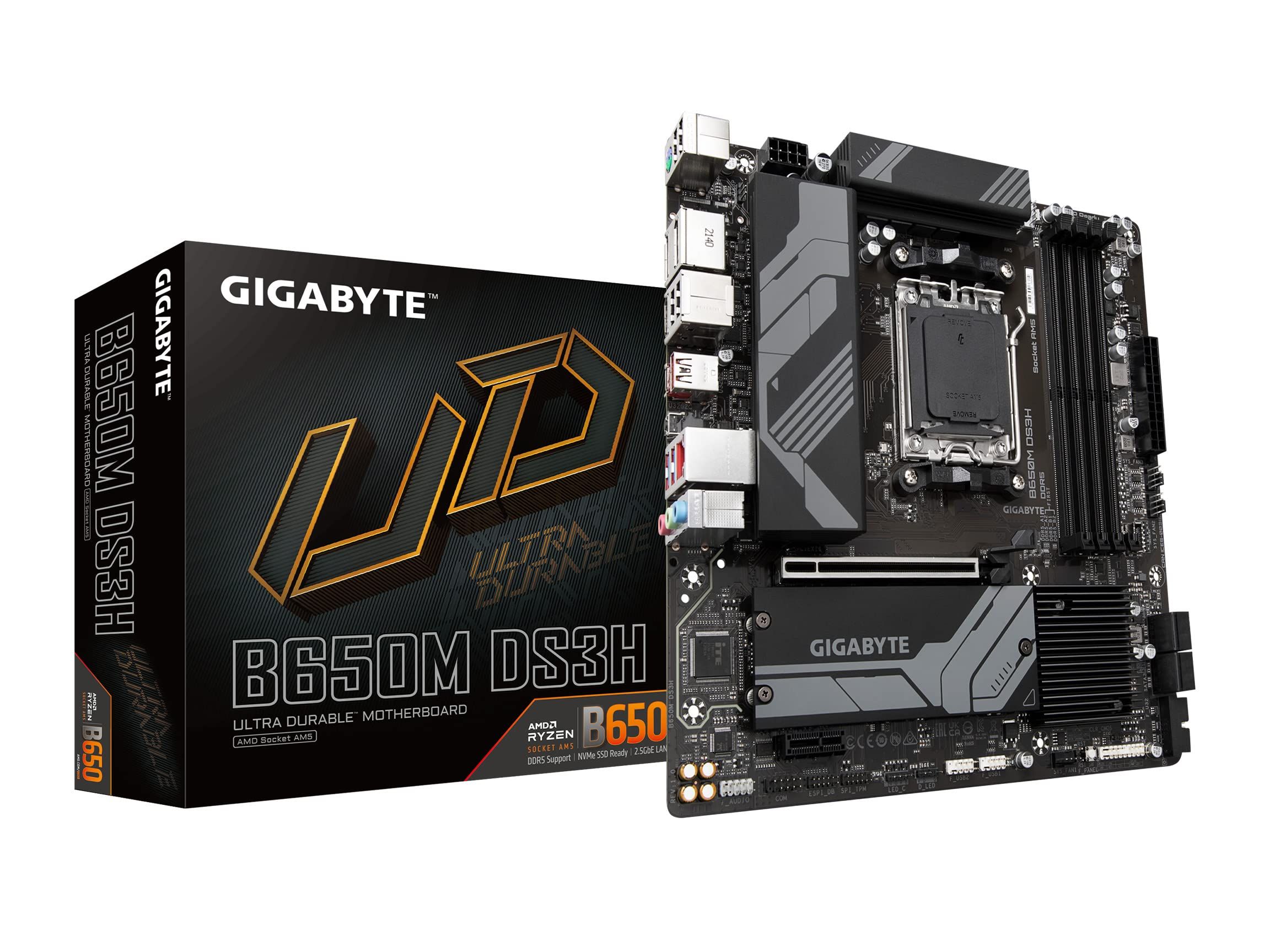 Placa de baza Gigabyte B650M DS3H AM5  AMD Socket AM5：Supports AMD Ryzen™ 7000 Series Processors Unparalleled Performance：Direct 6+2+1 Phases Digital VRM Solution Dual Channel DDR5：4*SMD DIMMs with AMD EXPO™ & Intel® XMP Memory Module Support SuperSpeed Storage：2*PCIe 4.0 x4 M.2 Connectors Advanced_2