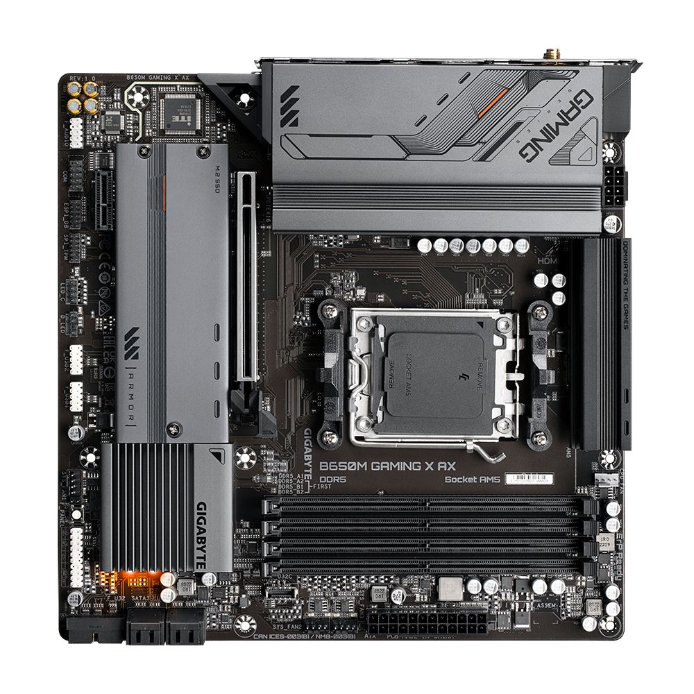 Placa de baza Gigabyte B650M GAMING X AX AM5        AMD Socket AM5：Supports AMD Ryzen™ 7000 Series Processors     Unparalleled Performance：Direct 6+2+1 Phases Digital VRM Solution     Dual Channel DDR5：4*SMD DIMMs with AMD EXPO™ & Intel® XMP Memory Module Support     SuperSpeed Storage：2*PCIe 4.0 x4_4