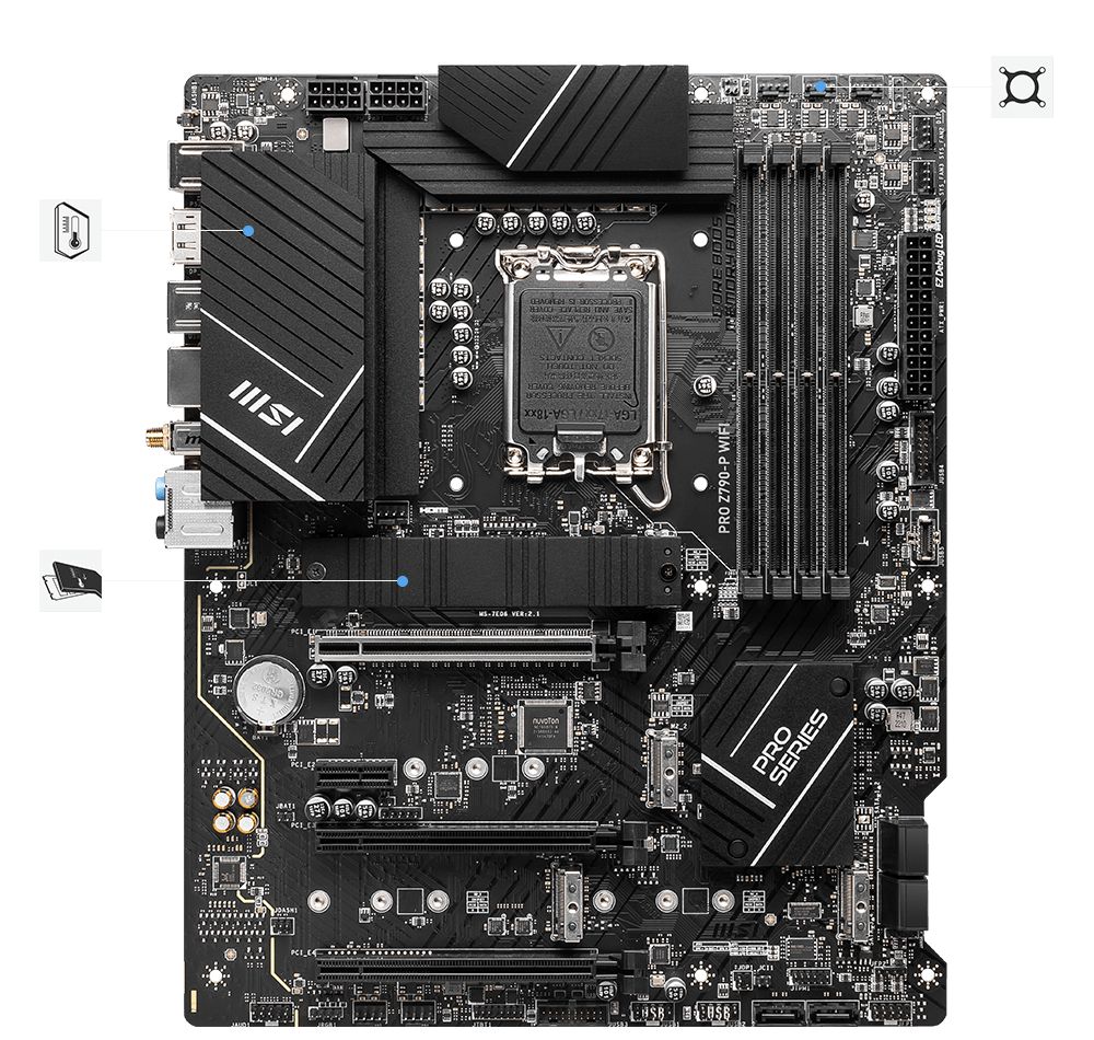 Placa de baza MSI PRO Z790-P LGA 1700 WIFI  SPECIFICATIONS Model Name PRO Z790-P WIFI CPU Support Supports 12th/ 13th Gen Intel® Core™ Processors, Pentium® Gold and Celeron® Processors CPU Socket LGA 1700 Chipset Intel® Z790 Chipset Expansion Slots 1x PCIe 5.0 x16 slot 1x PCIe 4.0 x16 slot 2x PCIe_1