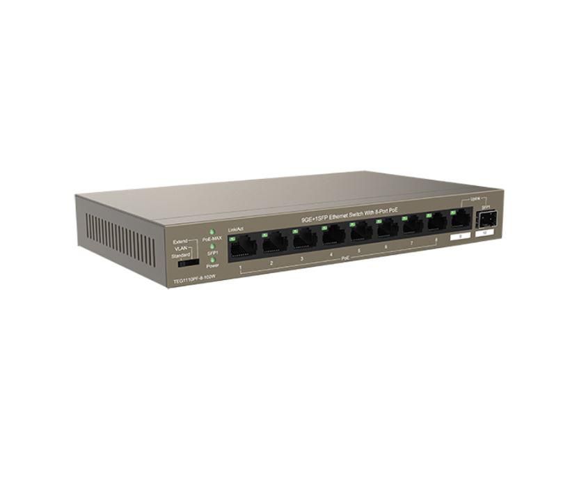 Tenda switch TEG1110PF-8-102W, 9GE+1SFP Ethernet Switch, 8-Port PoE, interfata: 8 * 10/100/1000 Mbps Base-T Ethernet ports (Data/Power), 1 * 10/100/1000 Mbps Base-T Ethernet port (Data), 1 * 100/1000 Mbps Base-X SFP port, standarde retea: IEEE 802.3 IEEE 802.3u, IEEE 802.3ab, IEEE 802.3x, IEEE_1