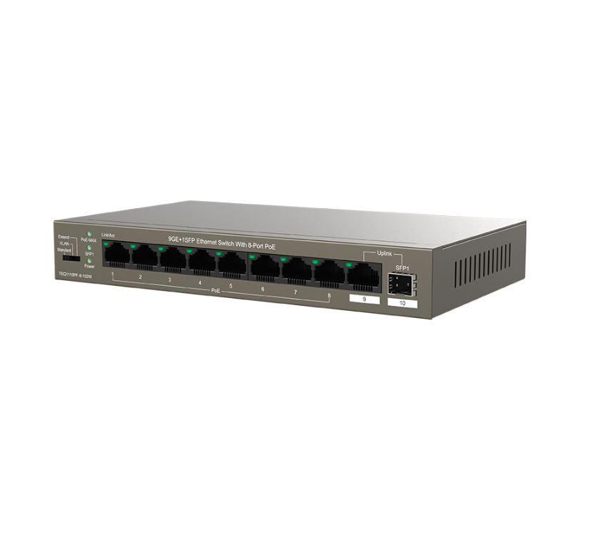 Tenda switch TEG1110PF-8-102W, 9GE+1SFP Ethernet Switch, 8-Port PoE, interfata: 8 * 10/100/1000 Mbps Base-T Ethernet ports (Data/Power), 1 * 10/100/1000 Mbps Base-T Ethernet port (Data), 1 * 100/1000 Mbps Base-X SFP port, standarde retea: IEEE 802.3 IEEE 802.3u, IEEE 802.3ab, IEEE 802.3x, IEEE_3