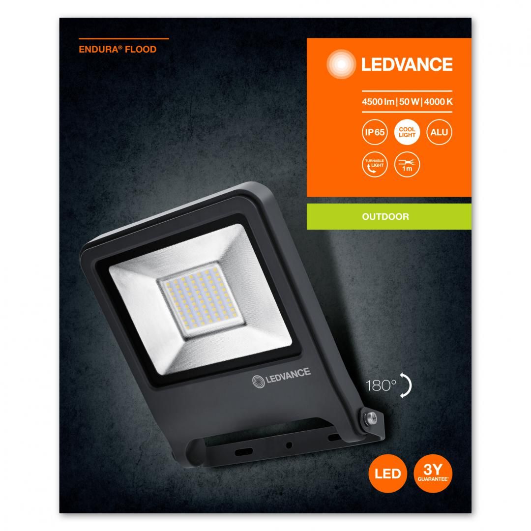 Proiector LED Ledvance ENDURA FLOOD, 50W, 220-240V, 4500 lm, lumina neutra (4000K), IP65, 245x210x43mm, aluminiu, Gri_2