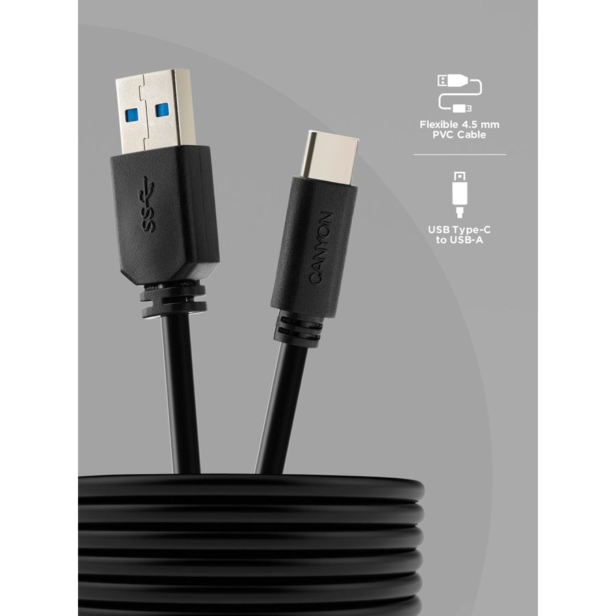 CANYON UC-4 Type C USB 3.0 standard cable, Power & Data output, 5V 3A 15W, OD 4.5mm, PVC Jacket, 1.5m, black, 0.039kg_2