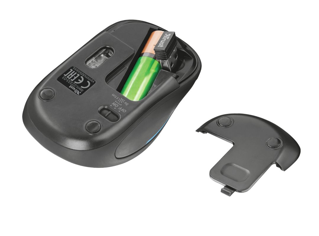 Mouse fara fir Trust Yvi FX Wireless Mouse - negru  Specifications General Height of main product (in mm) 95 mm Width of main product (in mm) 57 mm Depth of main product (in mm) 40 mm Total weight 84 g Formfactor compact Ergonomic design no  Connectivity Connection type wireless Bluetooth no_3