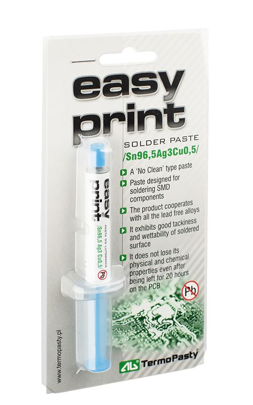 A ``No Clean&apos&apos type paste is designed for gluing SMD components in production processes that do not include the washing phase. In addition to metal powders, the product composition includes resin-based and flux-based solvent, activators which removes oxides and thixotropic additions, responsible for viscosity and plasticity. The paste does not lose its physical and chemical properties even after being left for 20 hours on the PCB. This time depends on the conditions in the room: humidity and temperature .
(SN96.5, AG3, CU0.5)
Additional properties of the paste:
- Does not contain chlorides,
- The residue flow neither corrodes nor requires washing,
- Welded joints have good mechanical and electrical properties.
Packaging: blister 1 pc.