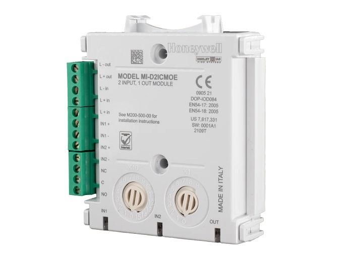 Honeywell Morley-IAS Modul 2 intrări si 1 ieșire MI/D2ICMOE, cu izolator; Curent maxim in standby 140 µA @ 24 VDC (fara comunicari); Tensiune de operare 15-32 VDC; Optiune de montare pe sina DIN;Indicator stare LED tricolor;Standard EN54-17, EN54-18; Clasa protectie IP40;Dimensiuni 93 x 82 x 22 mm_2