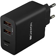 CANYON H-08 Universal 3xUSB AC charger (in wall) with over-voltage protection(1 USB-C with PD Quick Charger), Input 100V-240V, Output USB-A/5V-2.4A+USB-C/PD30W, with Smart IC, Black Glossy Color+orange plastic part of USB, 96.8*52.48*28.5mm, 0.092kg_1