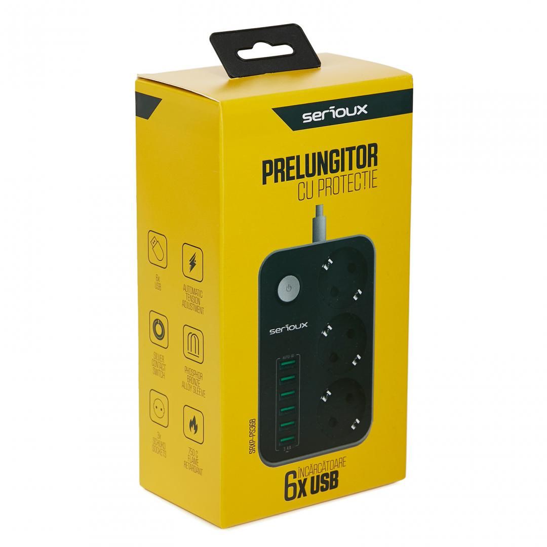 Prelungitor cu protectie Serioux, 3 prize schuko, input 100-240V, 50- 60Hz, output (Total): 2500W - 10A, 6 porturi USB, USB Output (Total):3.4A, functie auto ID, antistatic, buton power/off, lungime cablu 1.6m,negru, SRXP-PS36B_2