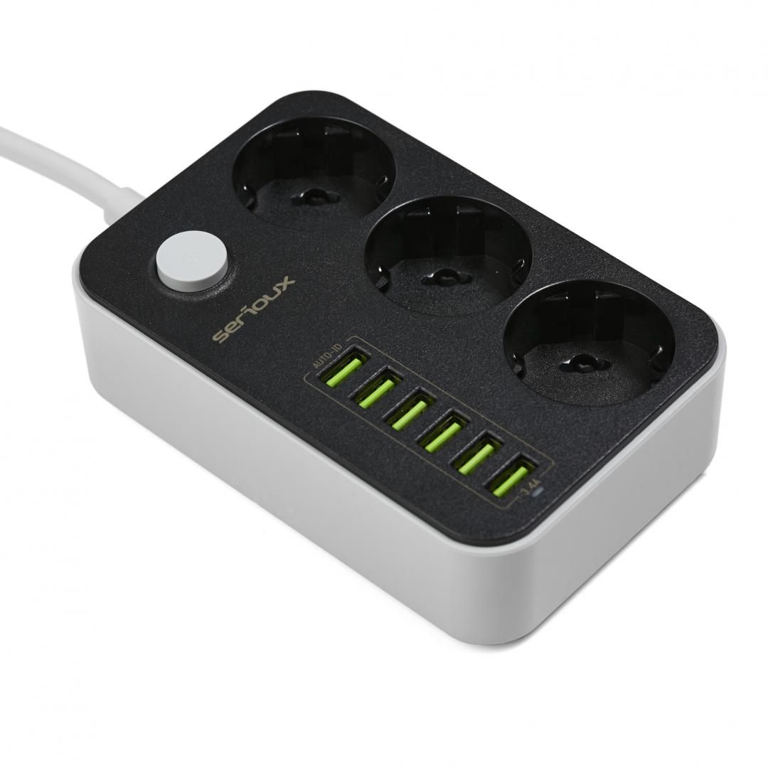 Prelungitor cu protectie Serioux, 3 prize schuko, input 100-240V, 50- 60Hz, output (Total): 2500W - 10A, 6 porturi USB, USB Output (Total):3.4A, functie auto ID, antistatic, buton power/off, lungime cablu 1.6m,negru, SRXP-PS36B_3