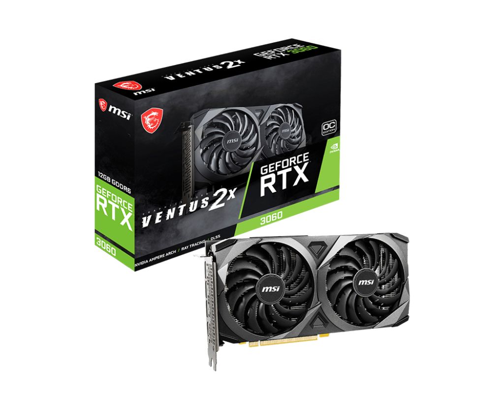 Placa video MSI GeForce RTX 3060 VENTUS 2X 12G OC 912-V397-039 / 4719072793814  SPECIFICATIONS Model Name GeForce RTX™ 3060 VENTUS 2X 12G OC Graphics Processing Unit NVIDIA®  GeForce RTX™ 3060 Interface PCI Express®  Gen 4 Cores 3584 Core Clocks Boost: 1807 MHz Memory Speed 15 Gbps Memory 12GB GDDR6_2