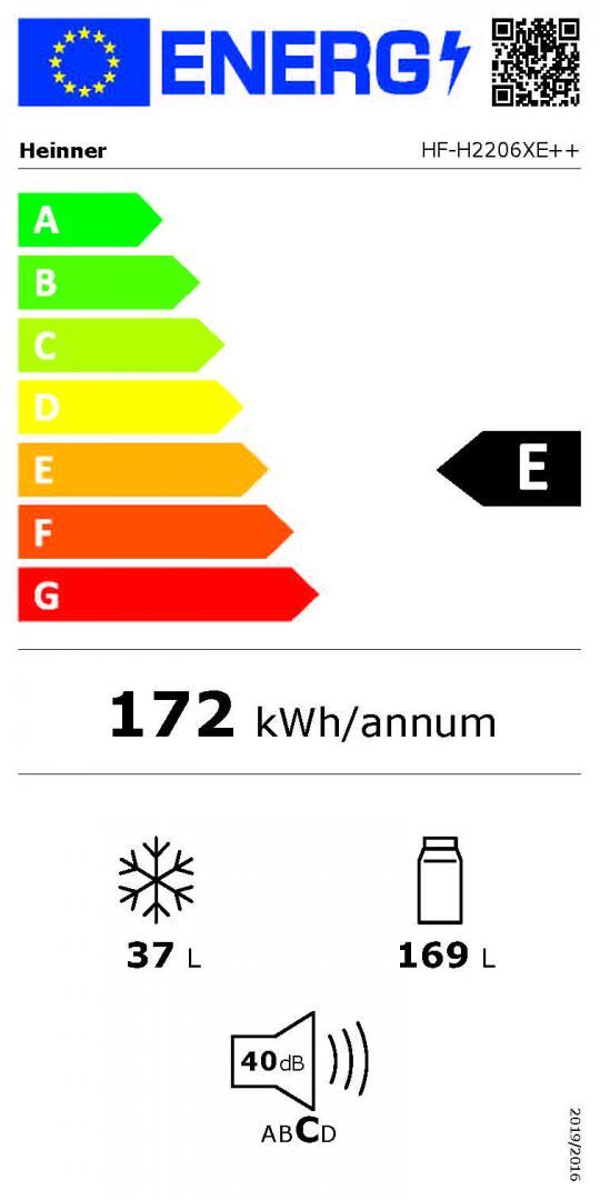 Frigider cu 2 usi Heinner HF-H2206XE++, clasa energetica: E, capacitate totala: 206 L, capacitate frigider: 169 L, capacitate congelator: 37 L, control mecanic cu termostat ajustabil, lumina LED, 3 rafturi sticla frigider, compartiment pentru fructe si legume, usi reversibile, suport oua, capacitate_2