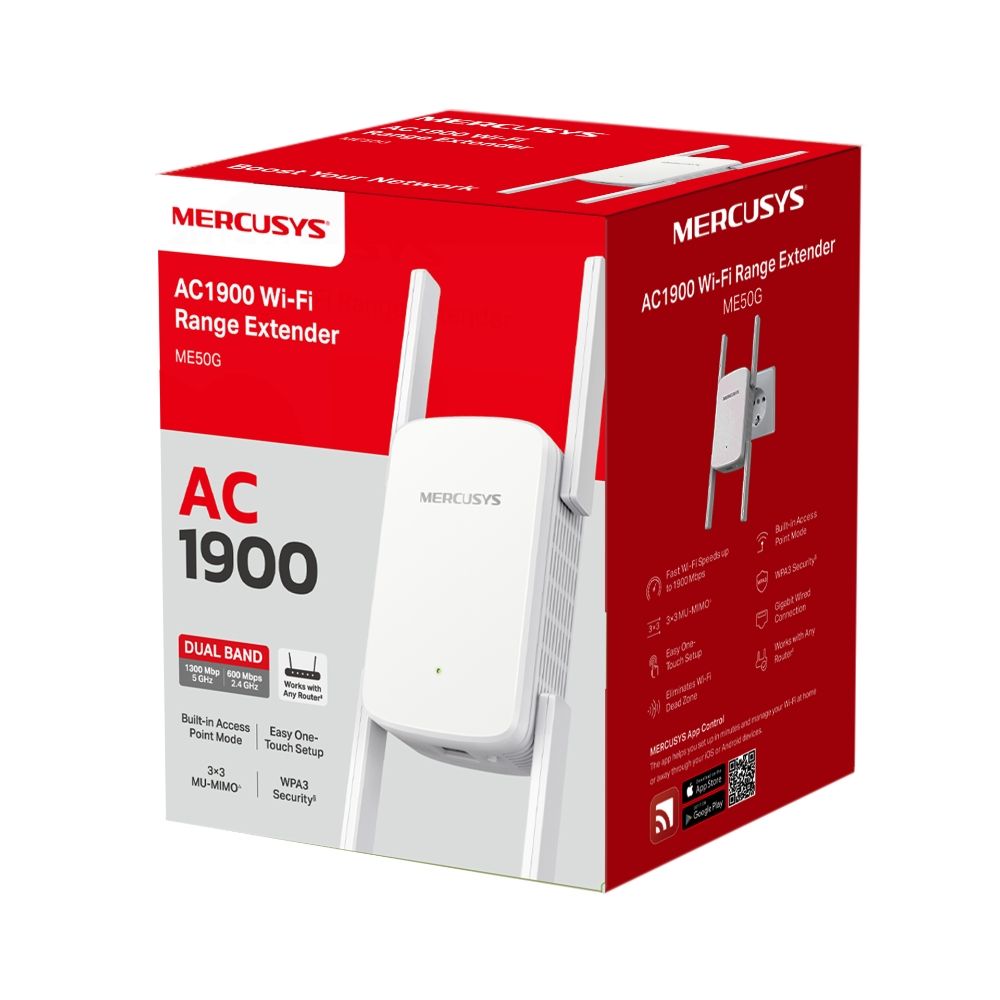 Mercusys AC1900 Wi-Fi Range Extender ME50G; Dual-Band, Standarde Wireless: IEEE 802.11a/n/ac 5 GHz, IEEE 802.11b/g/n 2.4 GHz, Viteza wireless:  600 Mbps at 2.4GHz, 1300 Mbps at 5GHz, Interfata: 1 x Gigabit Ethernet Port, 4 x Andene externe, Consum: 12W, Dimensiuni: 84.7×76.3× 112 mm._1