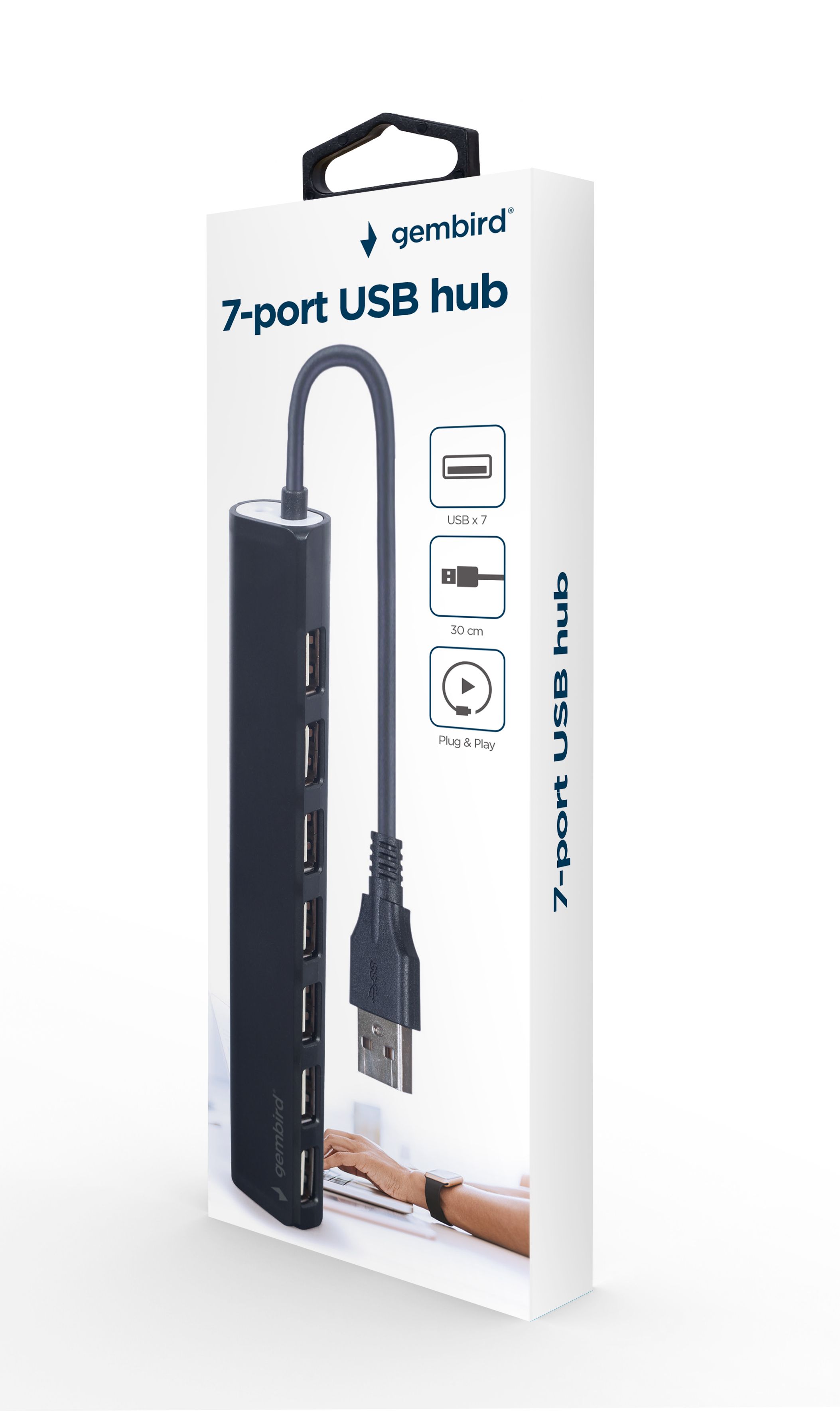 HUB extern GEMBIRD, porturi USB: USB 2.0 x 7, conectare prin USB, cablu 0,30 m, negru, 