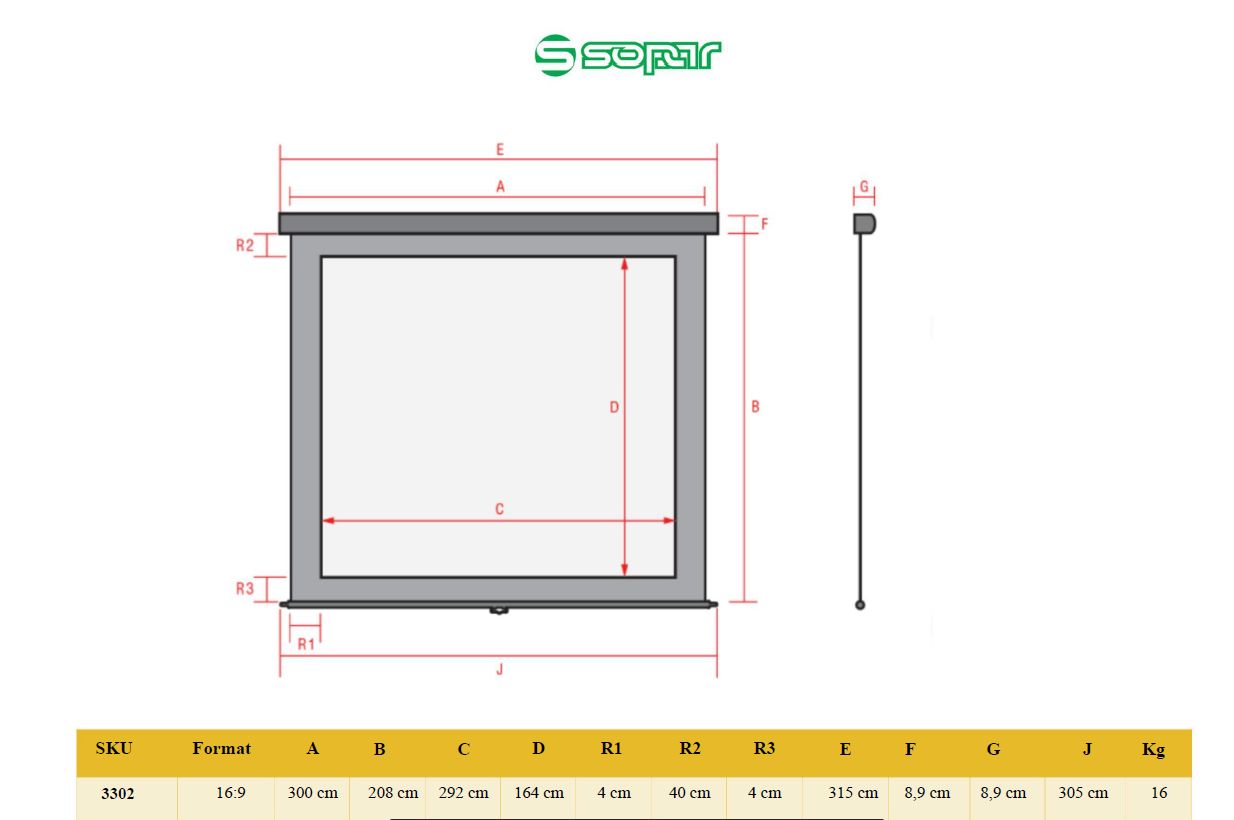 Ecran de proiectie manual, cu prindere in tavan/perete Sopar Platinum, format 16:9, suprafata de proiectie 300x208 cm, diagonala - inch, unghi de vizionare 120°, din aluminiu_2