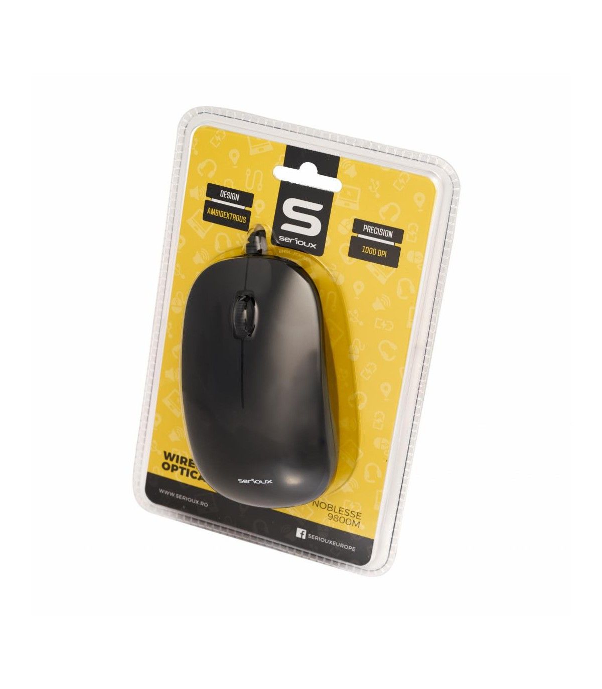 Mouse Serioux cu fir, optic, Noblesse 9800M, 1000dpi, negru-gri, ambidextru, blister, cablu 1.6m, USB_3