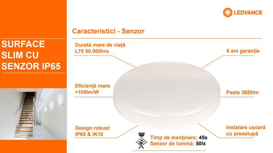 Plafoniera LED pentru baie cu senzor de miscare Ledvance SURFACE SLIM ROUND 200, 19W, 2000 lm, lumina neutra (4000K), IP65/IK10, Ø200x55mm, Alb_2