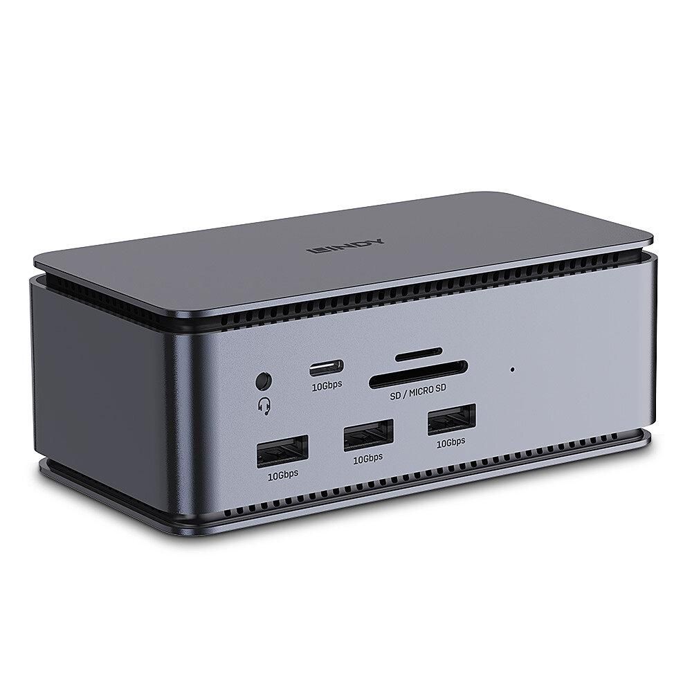 Docking station Lindy, interfete: USB-C la 6x USB-A/ 1x USB-C/1x RJ45/ 1x DisplayPort/1x HDMI/ 1x SD & 1x Micro SD/ 1x 3,5 mm/ 1x USB-C PD(power delivery), latime de banda 10Gbps, 10/100/1000 Mbps, rezolutie maxima (intrare) 7680x4320@60Hz, rezolutie maxima (iesire): un singur display 7680x4320_2