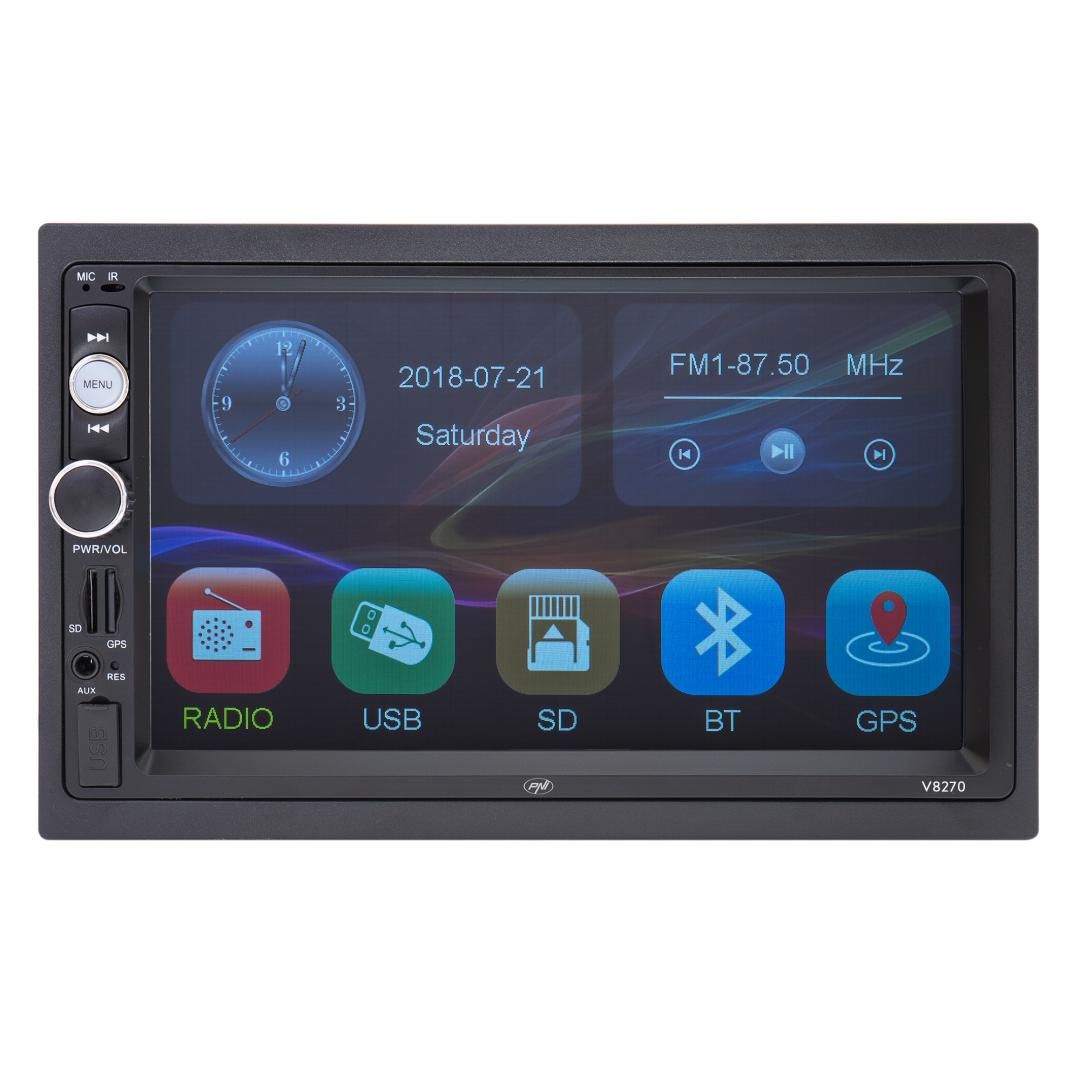 Navigatie multimedia PNI V8270 2 DIN cu GPS MP5, touch screen 7 inch, radio FM, Bluetooth, Mirror Link, AUX, USB, microSD, Culoare: negru, 7