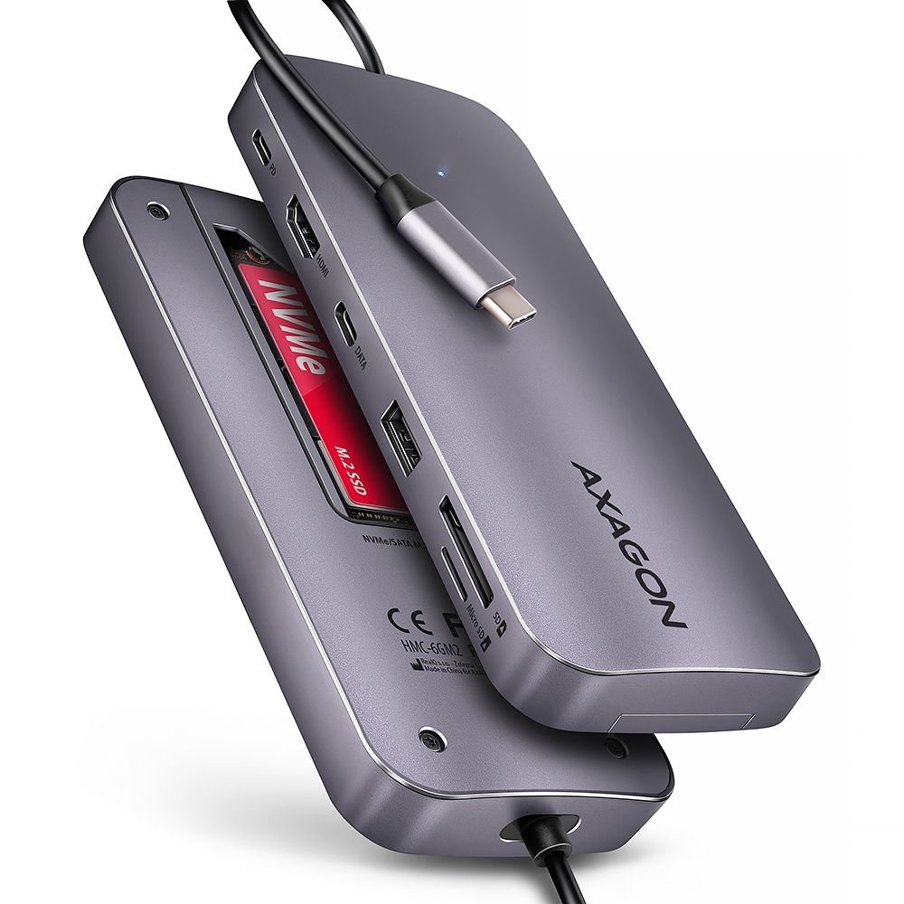 HMC-6GM2, USB-C 3.2 Gen 2, USB-A, M.2 SATA/NVMe, HDMI, PD 100W, Gri metalizat
