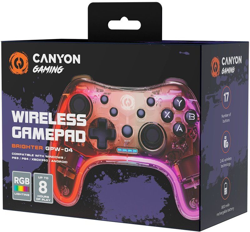 CANYON GPW-04, 2.4G Wireless Controller with  built-in 800mah battery, 2M Type-C charging cable ,Wireless Gamepad for Android / PC / PS3 /PS4 /XBOX360/ Nitendo Switch（RGB Lighting), 151*110*42mm, 208g_2