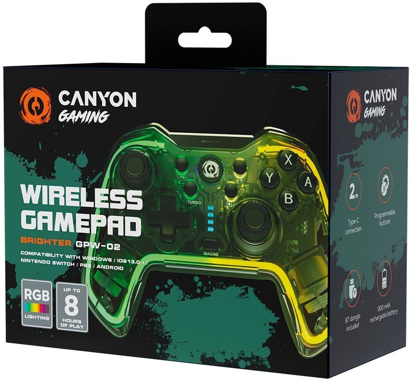 CANYON GPW-02, Bluetooth Controller with built-in 800mah battery, BT 5.0, 2M Type-C charging cable , Bluetooth Gamepad for Nintendo Switch / Android / Windows ( RGB Lighting ),152*110*55mm, 232g, black_2