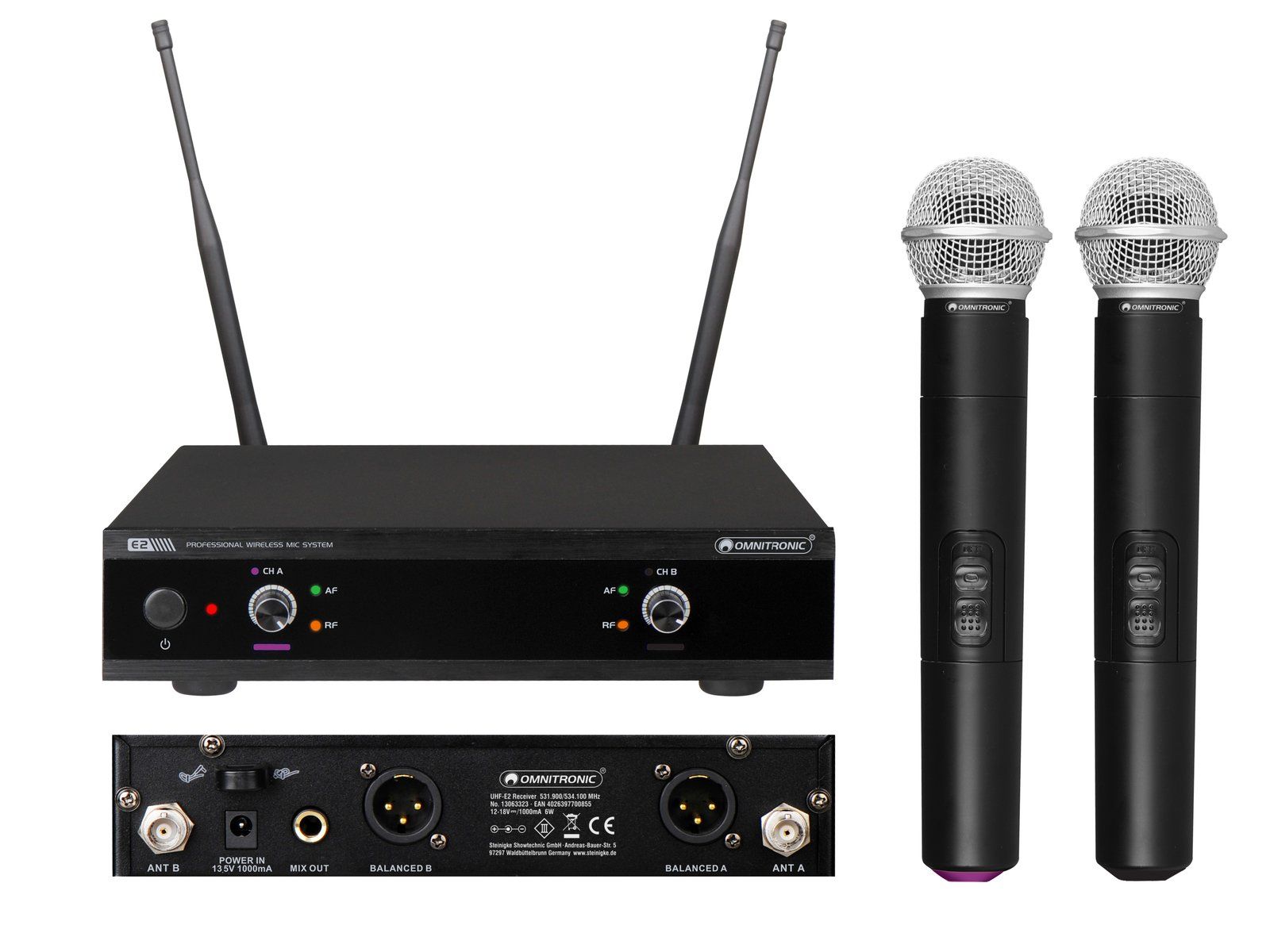 Set microfon de mana dublu wireless OMNITRONIC UHF-E2 (frecvente: 828.6MHz, 831.1MHz)_1