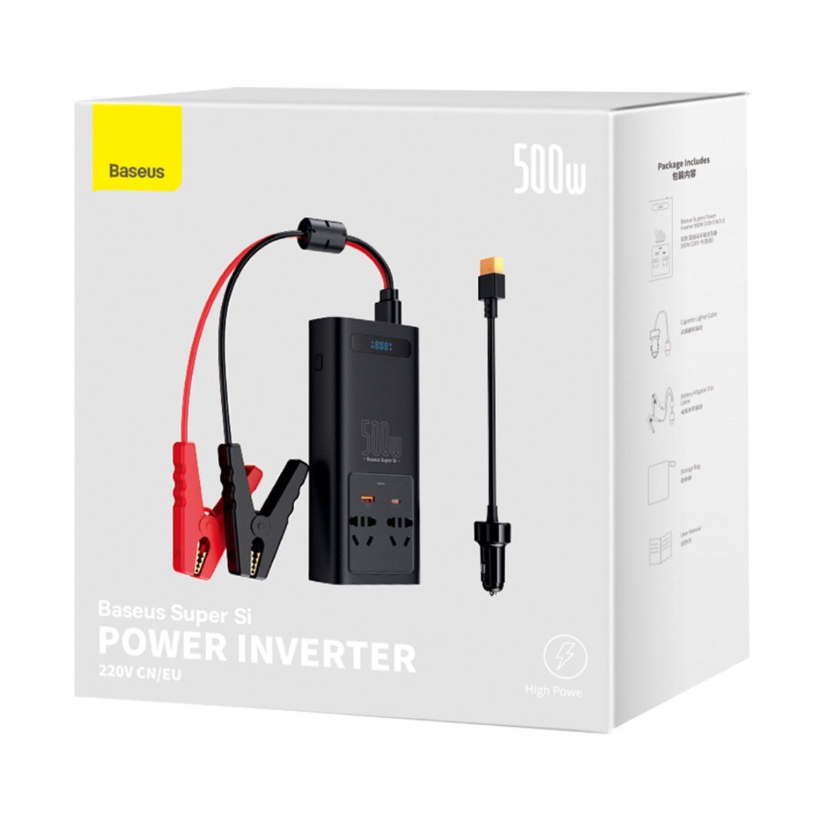 INVERTOR ELECTRIC auto Baseus, IGBT, 2 x AC, 1 x USB Type-C, 1 x USB, 500W 220V, conectare auto 12V, negru 