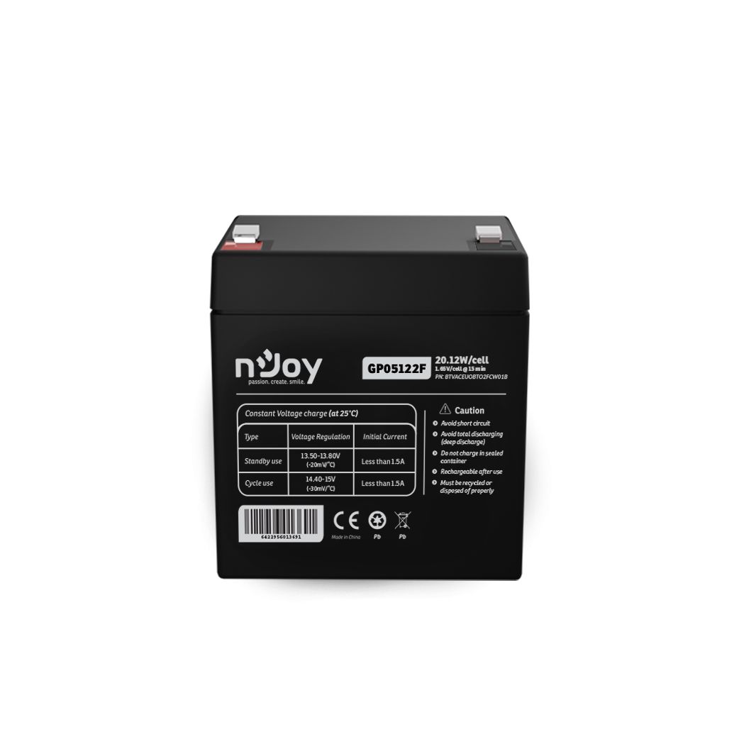 Acumulator nJoy GP05122F  12V 23.51W/cell  Battery Model GP07122F Voltage 12V Power (1,65V/cell@15 min) 23.51W/cell Type VRLA - maintanance free Designed Floating Life 3~5 years Nominal Operating Temp. Range 25o C ± 3o C Terminal F2 terminal -Faston Tab 250 Construction Container & Cover ABS Safety_1