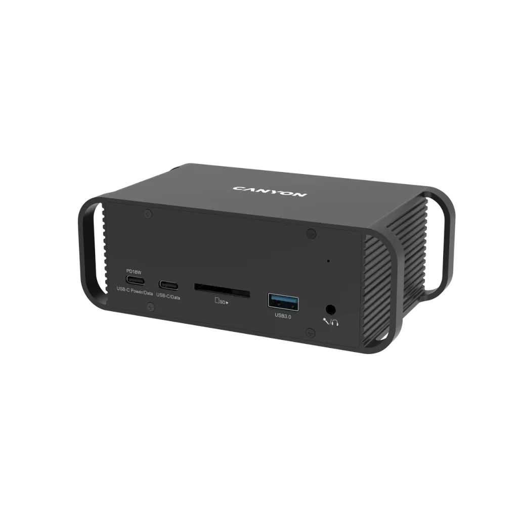CANYON HDS-95ST, Multiport Docking Station with 14 ports ,with Type C female *4  ,USB3.0*2,USB2.0*2,RJ45*1,HDMI*2,SD card slot,Audio 3.5 audio*1Input 100-240V/100W AC port, Output USB-C PD 60W * 1, Dual USB C cables length 1.0m 20V3A, , 140*75*49mm,_1