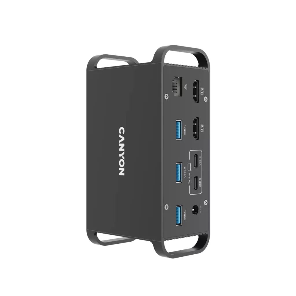 CANYON HDS-95ST, Multiport Docking Station with 14 ports ,with Type C female *4  ,USB3.0*2,USB2.0*2,RJ45*1,HDMI*2,SD card slot,Audio 3.5 audio*1Input 100-240V/100W AC port, Output USB-C PD 60W * 1, Dual USB C cables length 1.0m 20V3A, , 140*75*49mm,_2