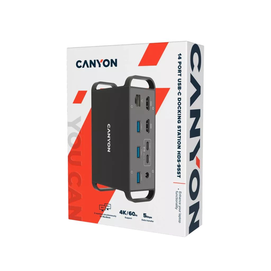 CANYON HDS-95ST, Multiport Docking Station with 14 ports ,with Type C female *4  ,USB3.0*2,USB2.0*2,RJ45*1,HDMI*2,SD card slot,Audio 3.5 audio*1Input 100-240V/100W AC port, Output USB-C PD 60W * 1, Dual USB C cables length 1.0m 20V3A, , 140*75*49mm,_3