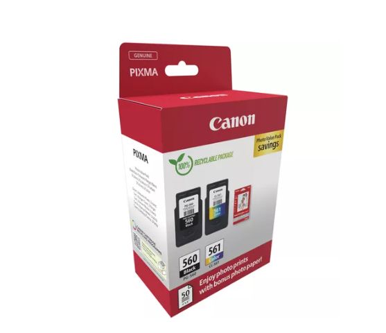 Canon pachet cartuse cearneala PG-560/CL561 PHOTO VALUE PACK, capacitate negru: 180 pagini/8.3ml, Color: 180 pagini / 7.5ml, Compatibil cu: PIXMA TS5253, PIXMA TS5350, PIXMA TS5351, PIXMA TS5352, Bonus 50 coli hartie foto 10 x 15cm._2