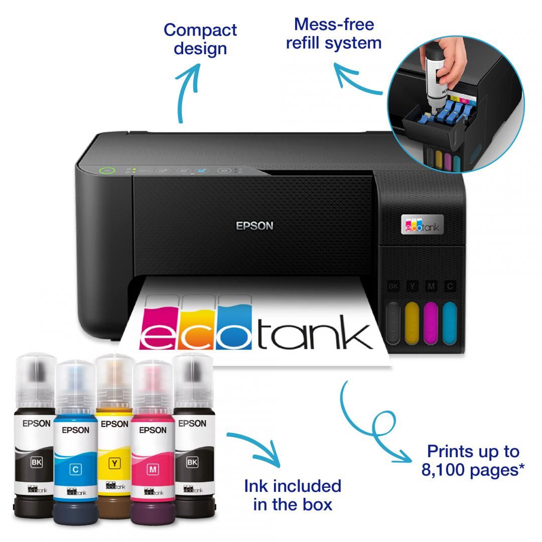 Multifunctional inkjet color Epson EcoTank CISS L3270, dimensiune A4 (Printare,Copiere, Scanare), printare borderless, viteza 33ppm alb- negru, 15ppm color, rezolutie 5760x1440 dpi, alimentare hartie 100 coli, scanner CIS rezolutie 1.200  x 2.400 DPI, interfata: USB ,WI-FI, WI-FI Direct consumabile_3