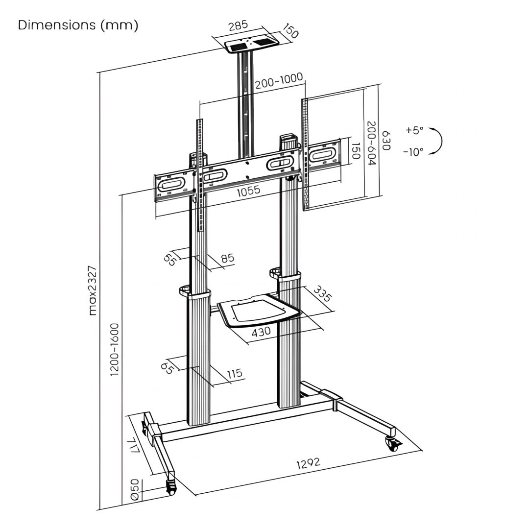 Stand TV mobil Serioux  44-610TW, dimensiuni 1292x717x2327mm, compatibiliate dimensiune ecran 60