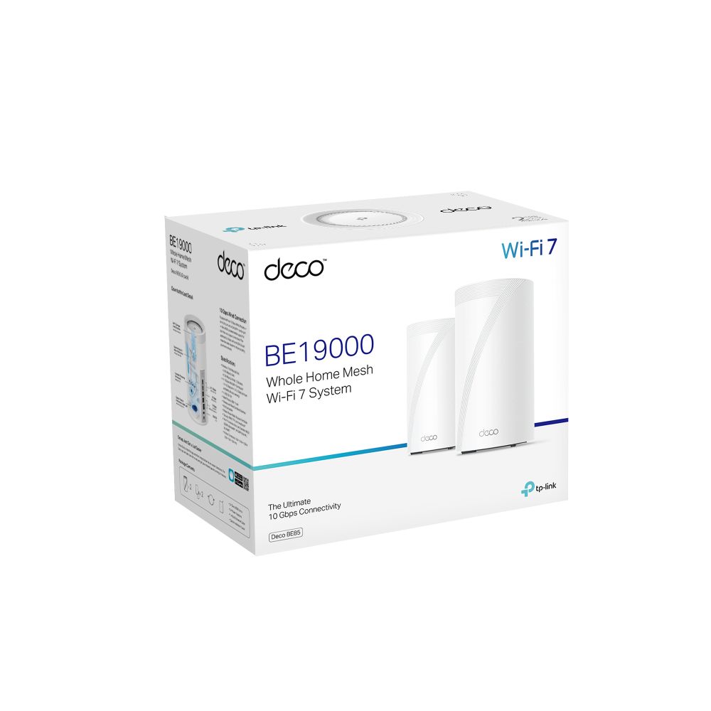 TP-LINK DECO BE85(2-PACK) Sistem Mesh WI-FI 7, BE19000, TRI-BAND, Standarde wireless: IEEE 802.11be/ax 6 GHz, IEEE 802.11be/ax/ac/n/a 5 GHz, IEEE 802.11be/ax/n/b/g 2.4 GHz, Viteze wireless: BE19000 6 GHz: 11520 Mbps (802.11be), 5 GHz: 5760 Mbps (802.11be), 2.4 GHz: 1376 Mbps (802.11be), 8 x antene_2