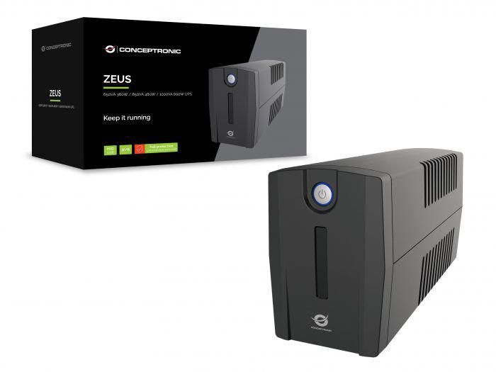 UPS Conceptronic ZEUS02ES, 850 VA, 480 W, line-interactive, 2x Schuko, 2x RJ45, 2x USB, 7500 mAh 12V, Tower, Negru