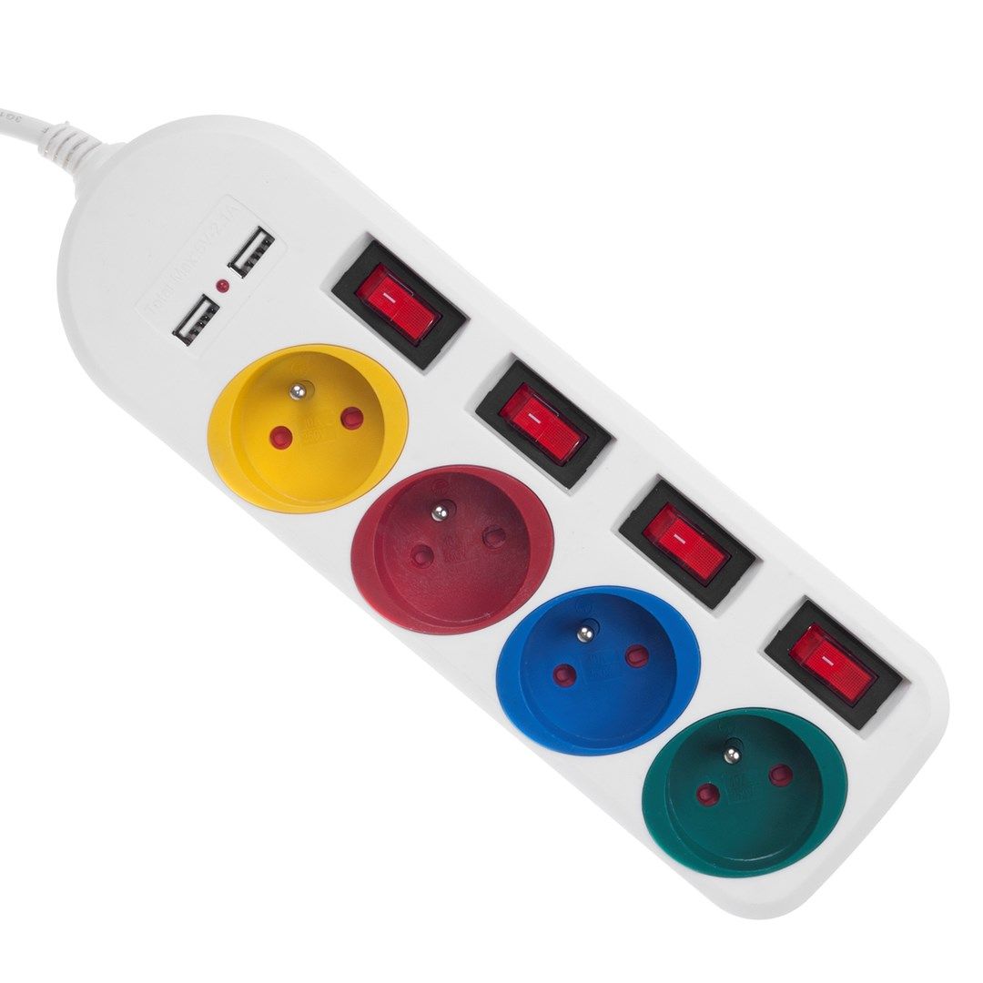 Maclean power strip  extender 4 sockets + 2xUSB  with switches  250VAC/10A  2.1A 5V  1.5m  white  MCE229 W_2