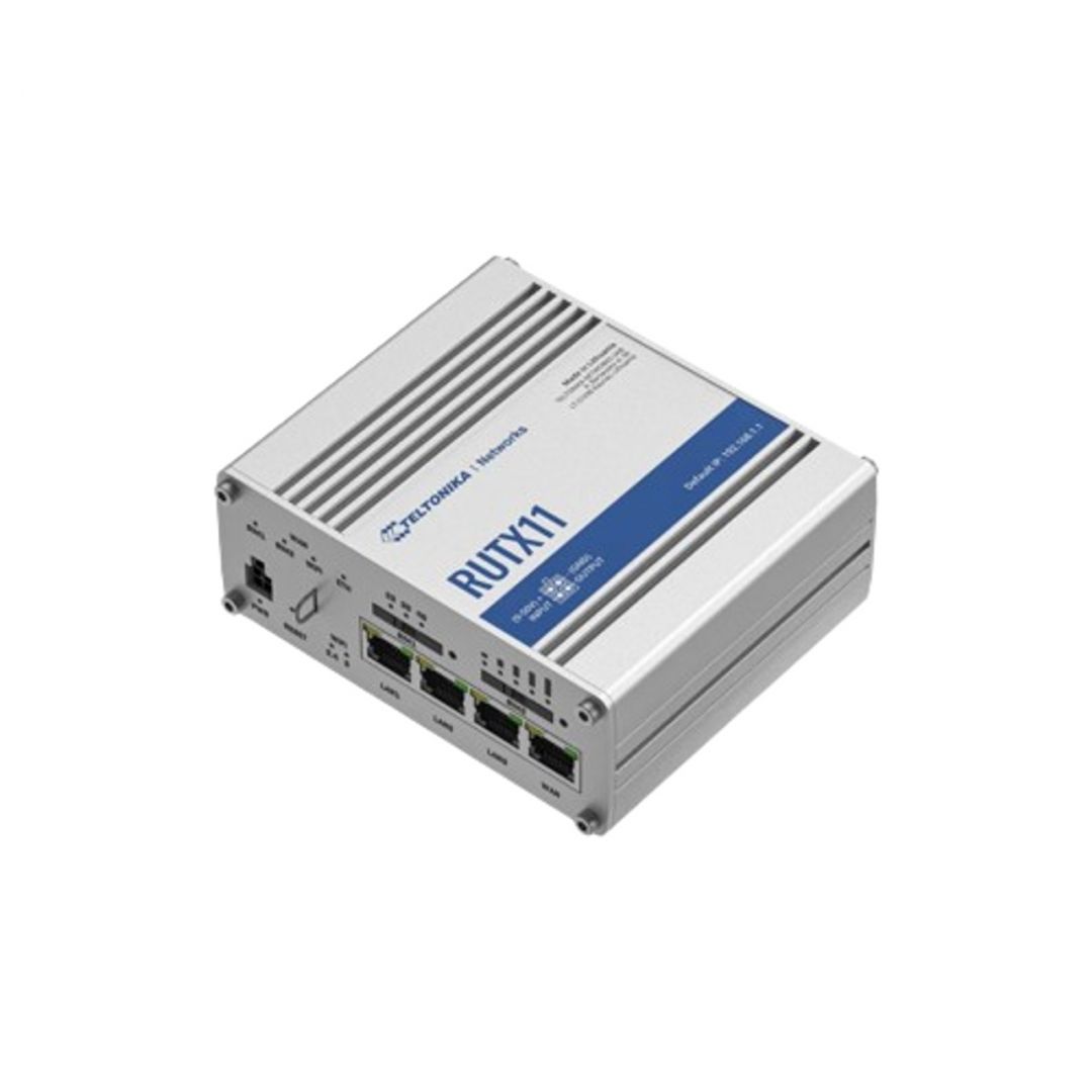 Router industrial IP Teltonika RUTX11, Dual SIM, WiFi, antene 2x SMA pentru LTE, 2x RP-SMA pentru WiFi, 1x RP-SMA pentru Bluetooth, 1x SMA pentru GNSS, GPS, 4x porturi RJ45, 10/100/1000 Mbps, modul mobil 4G (LTE) - Cat 6 pana la 300 Mbps, 3G pana la 42 Mbps, modul wireless 802.11b/g/n/ac Wave 2_2