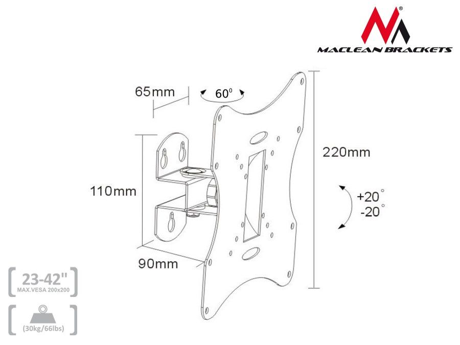 Maclean MC-501A Universal Wall TV Bracket 23-42  uo to 30kg vesa 200x200 Black_4