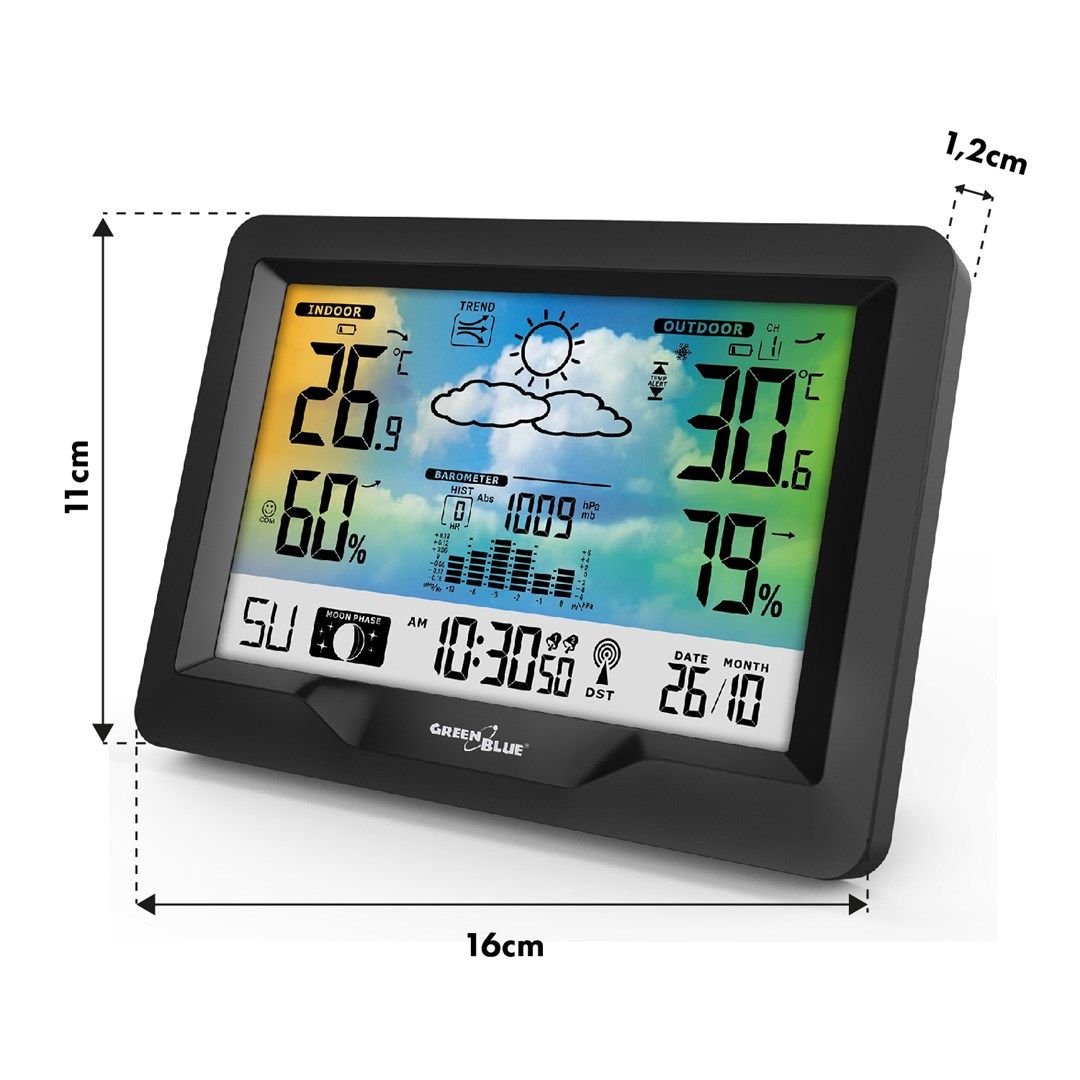 GreenBlue wireless weather station  color  with DCF system  moon phases  barometer  calendar  power adapter  GB540N_6