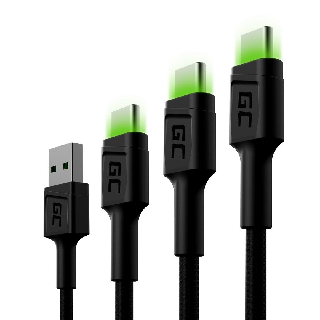 Green Cell Set 3x GC Ray USB-C Cable 30cm  120cm  200cm with green LED backlight  fast charging UC  QC 3.0_2