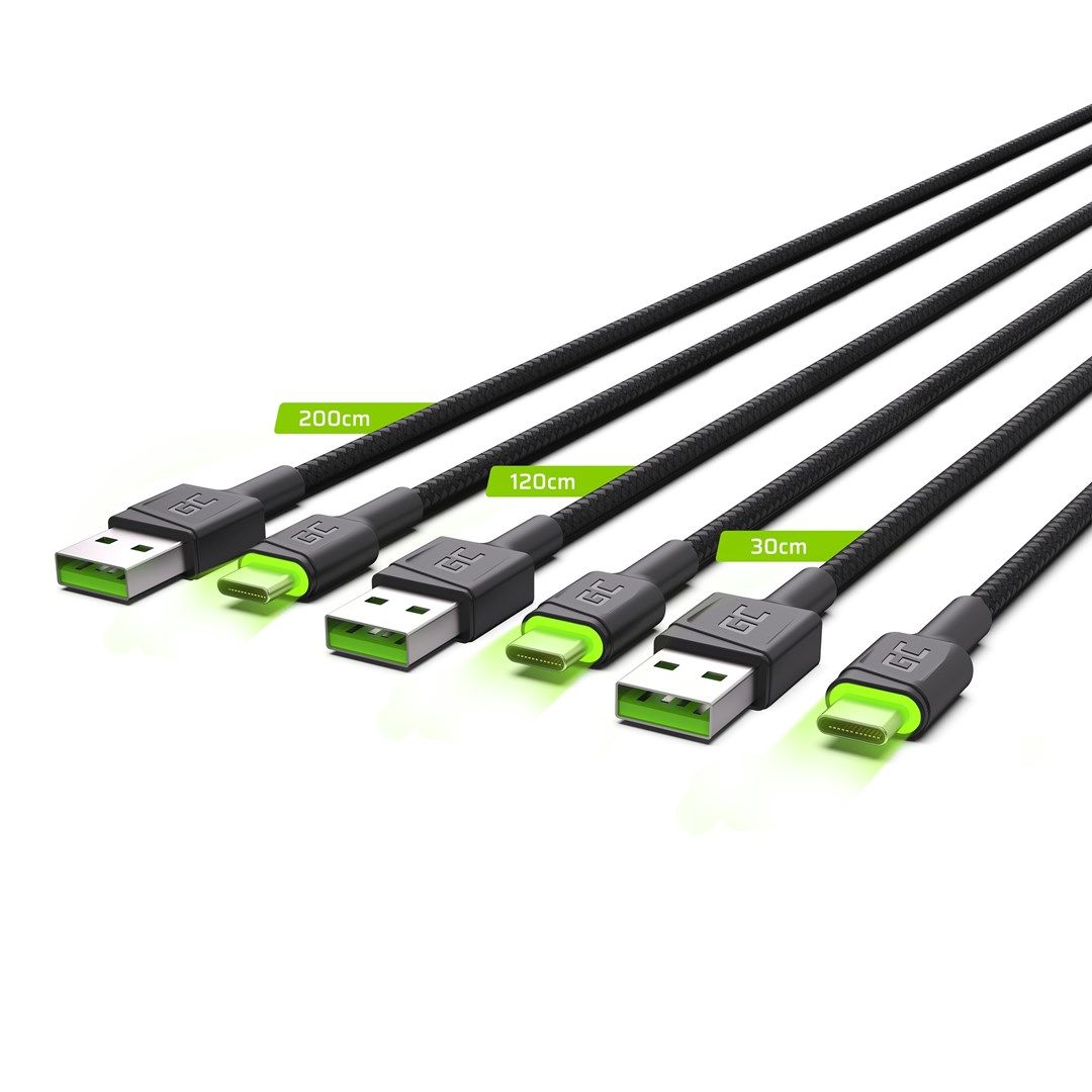 Green Cell Set 3x GC Ray USB-C Cable 30cm  120cm  200cm with green LED backlight  fast charging UC  QC 3.0_3