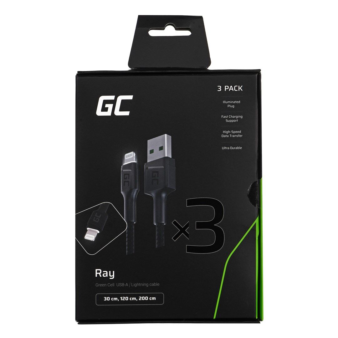 Green Cell Set 3x Ray Lightning Cable 30cm  120cm  200cm with white LED backlight  fast charging Apple 2.4A_4