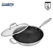 TIGAIE WOK INOX+CAPAC 30x8.5CM,TITANIUM3 Material: inox in 3 straturi Interior: acoperire ceramica cu model HONEYCOMB Exterior: inox polisat Baza INDUCTIE