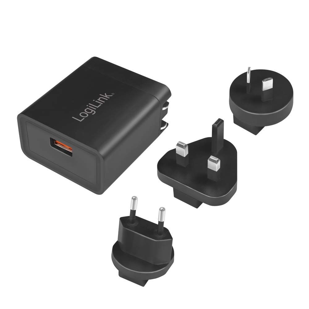 ALIMENTATOR retea 220V LOGILINK, universal, 1 x USB-A, maxim 3A (5V), 18W (12V/1.5A), adaptor US/AU/UK/EU, suport OCP/OVP/OHP/SCP, negru,  PA0188  (timbru verde 0.18 lei)