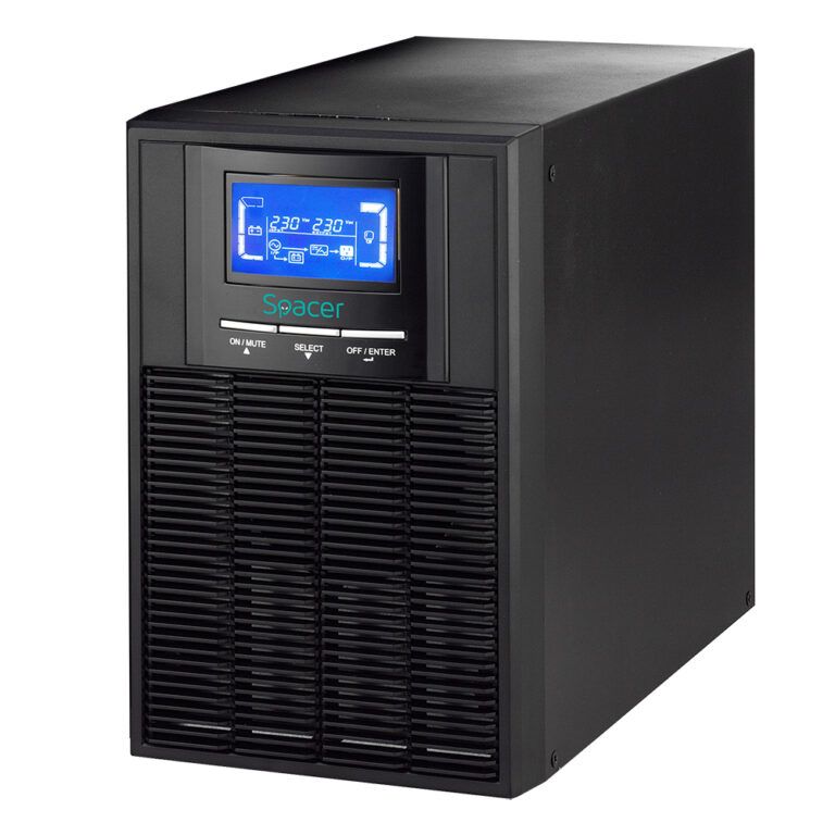 UPS Spacer SPUP-2000D-OLT01, 2000 VA, 1800 W, on-line, 3x Schuko, 1x RJ45, 1x USB, 12V/9Ah 10 minute, LCD, Tower, Negru
