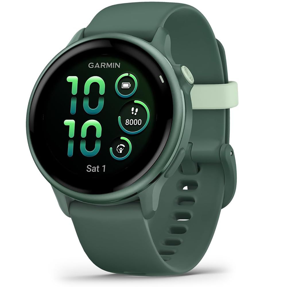 Ceas Garmin vívoactive 6 display AMOLED, dimensiune afisaj 30.4 mm, rezolutie afisaj  390 x 390 pixeli, memorie 8GB, autonomie până la 11 zile (5 zile cu afişajul permanent pornit) rezistanta la apa pana la 5 ATM, greutate: 23g, ramă Jasper Green cu curea Bone, carcasă Green Metallic şi curea din